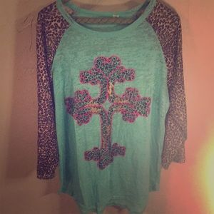 Turquoise top with cheetah sleeves